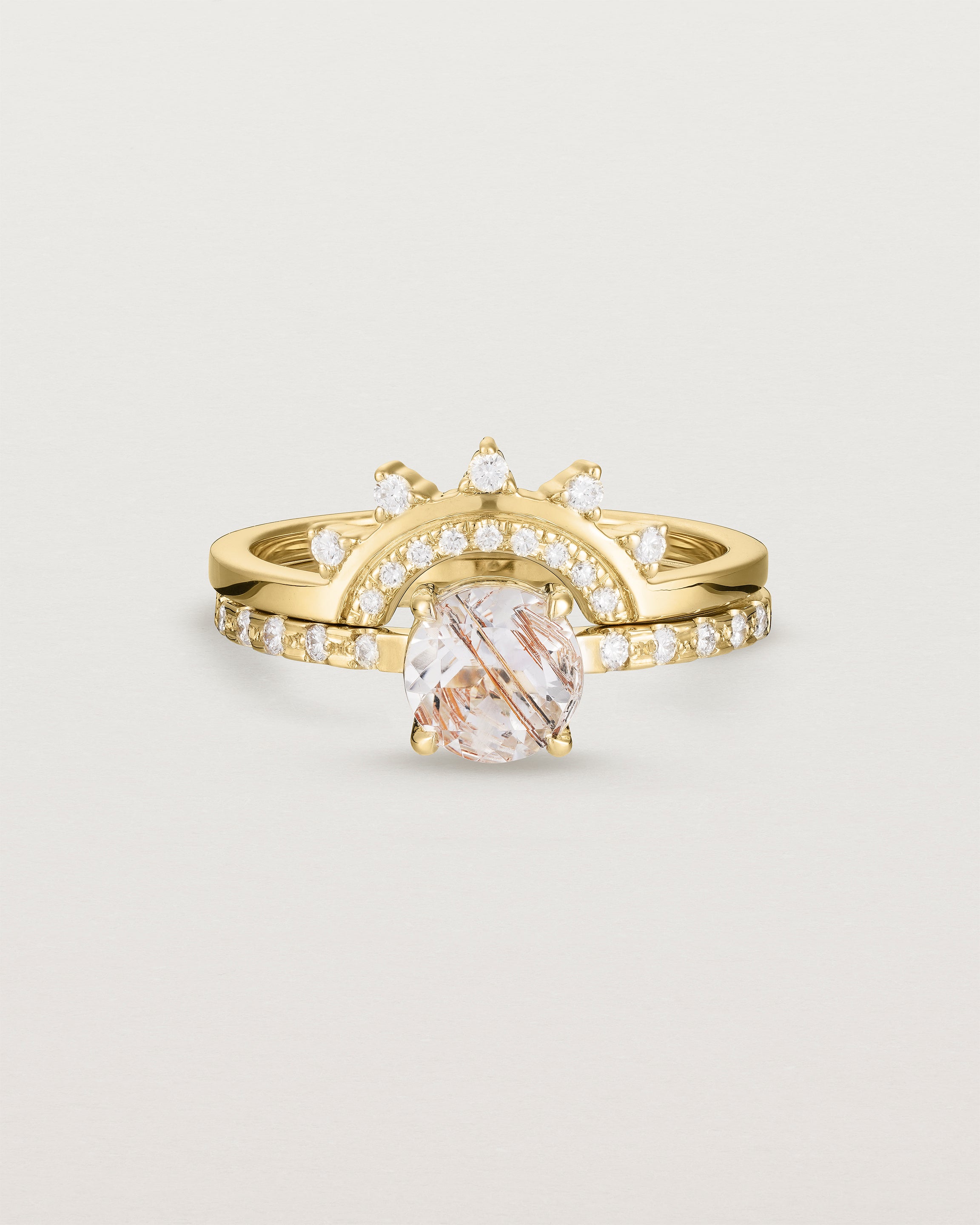 Front view of the Petite Una Round Solitaire | Rutilated Quartz stacked Adeline Crown Ring | Diamonds in Yellow Gold.