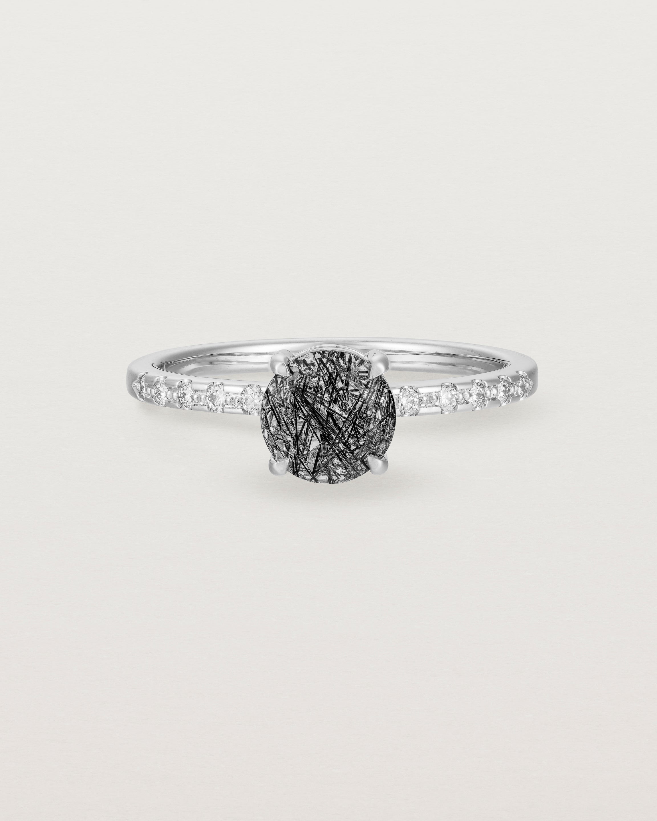 Front view of the Petite Una Round Solitaire | Tourmalinated Quartz | White Gold with Cascade Shoulders.