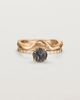 Front view of the Petite Una Round Solitaire | Tourmalinated Quartz | Rose Gold with Cascade Shoulders stacked with the Organic Crown Ring. 
