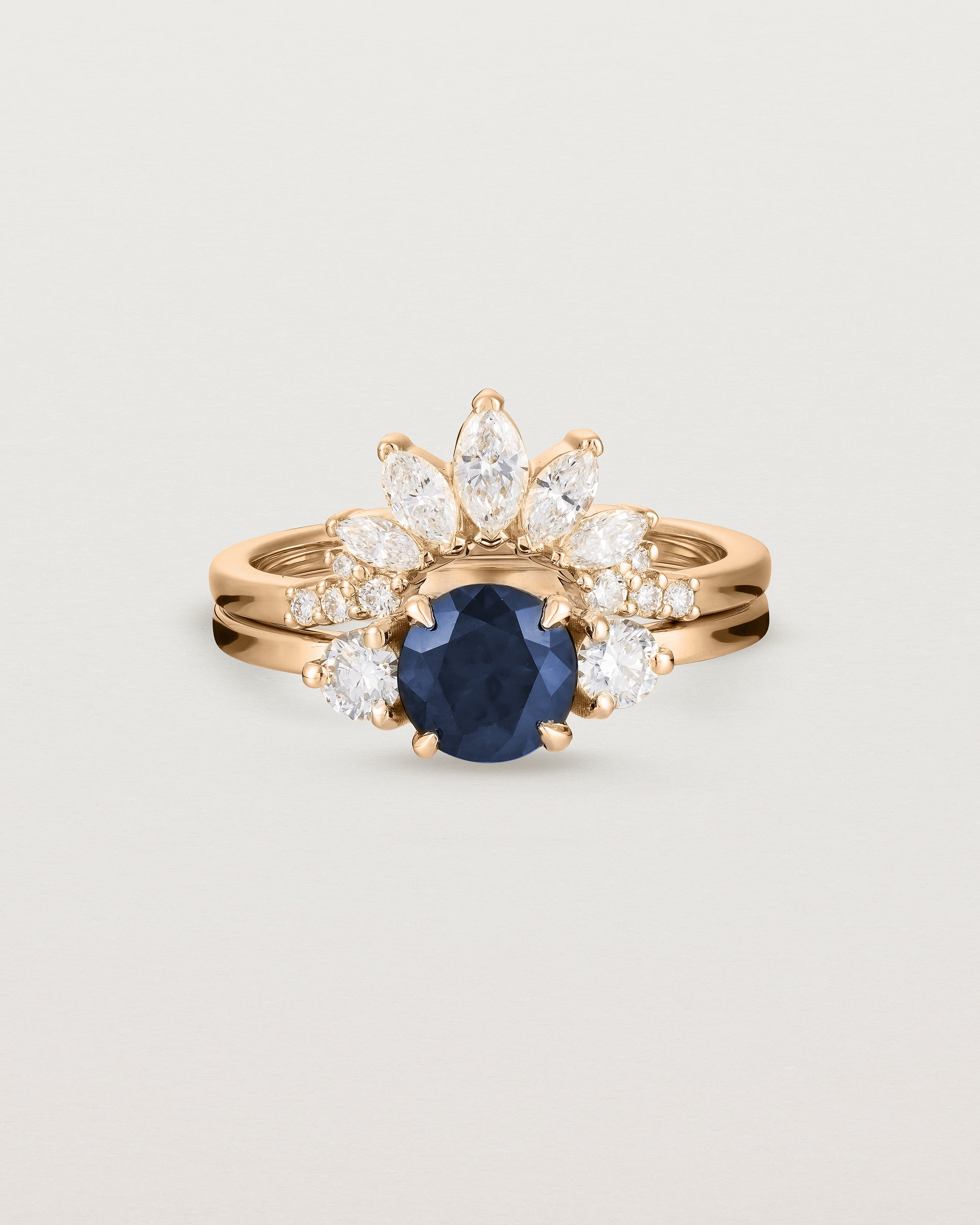 Front view of the Petite Una Round Trio Ring | Australian Sapphire & Diamonds | Rose Gold stacked with the Camille Crown Ring | Diamonds