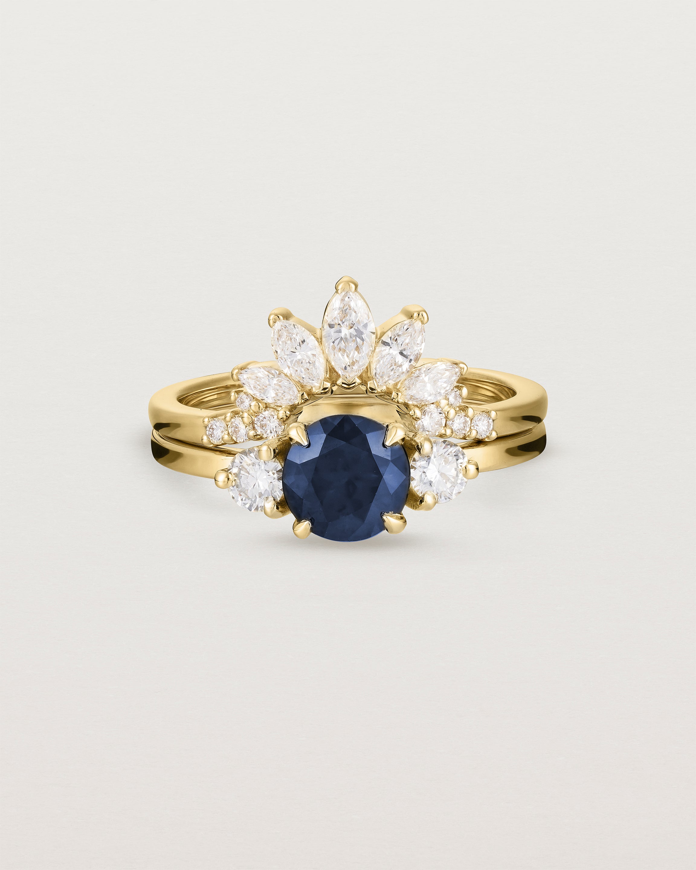 Front view of the Petite Una Round Trio Ring | Australian Sapphire & Diamonds | Yellow Gold stacked with the Camille Crown Ring | Diamonds