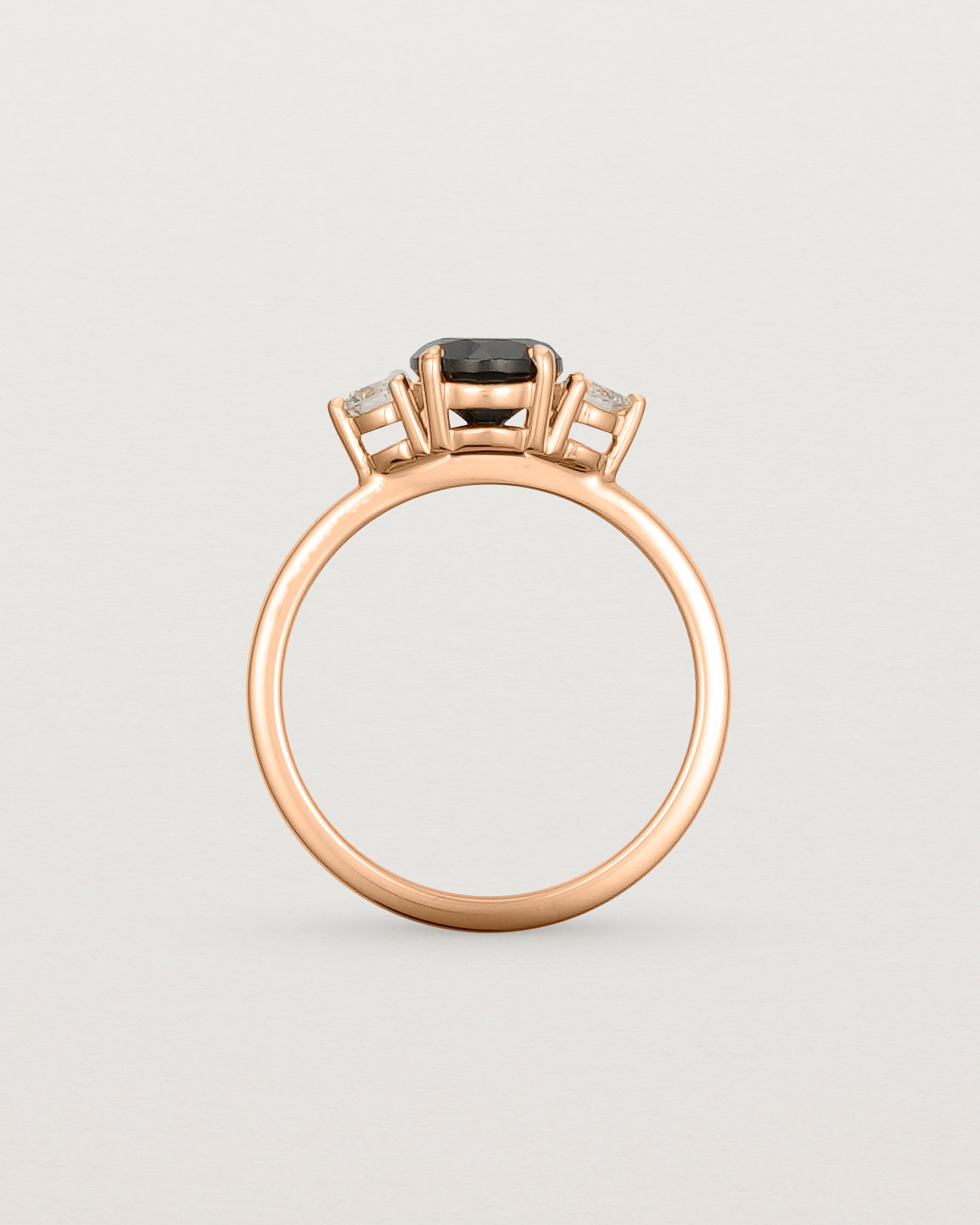 Standing view of the Petite Una Round Trio Ring | Black Spinel & Diamonds | Rose Gold.