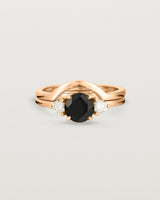 Front view of the Petite Una Round Trio Ring | Black Spinel & Diamonds | Rose Gold stacked with the Cecile Crown Ring.
