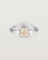 Front view of the Petite Una Round Trio Ring | Morganite & Diamonds | White Gold stacked with the Odine Crown Ring.