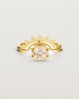 Front view of the Petite Una Round Trio Ring | Morganite & Diamonds | Yellow Gold stacked with the Odine Crown Ring.