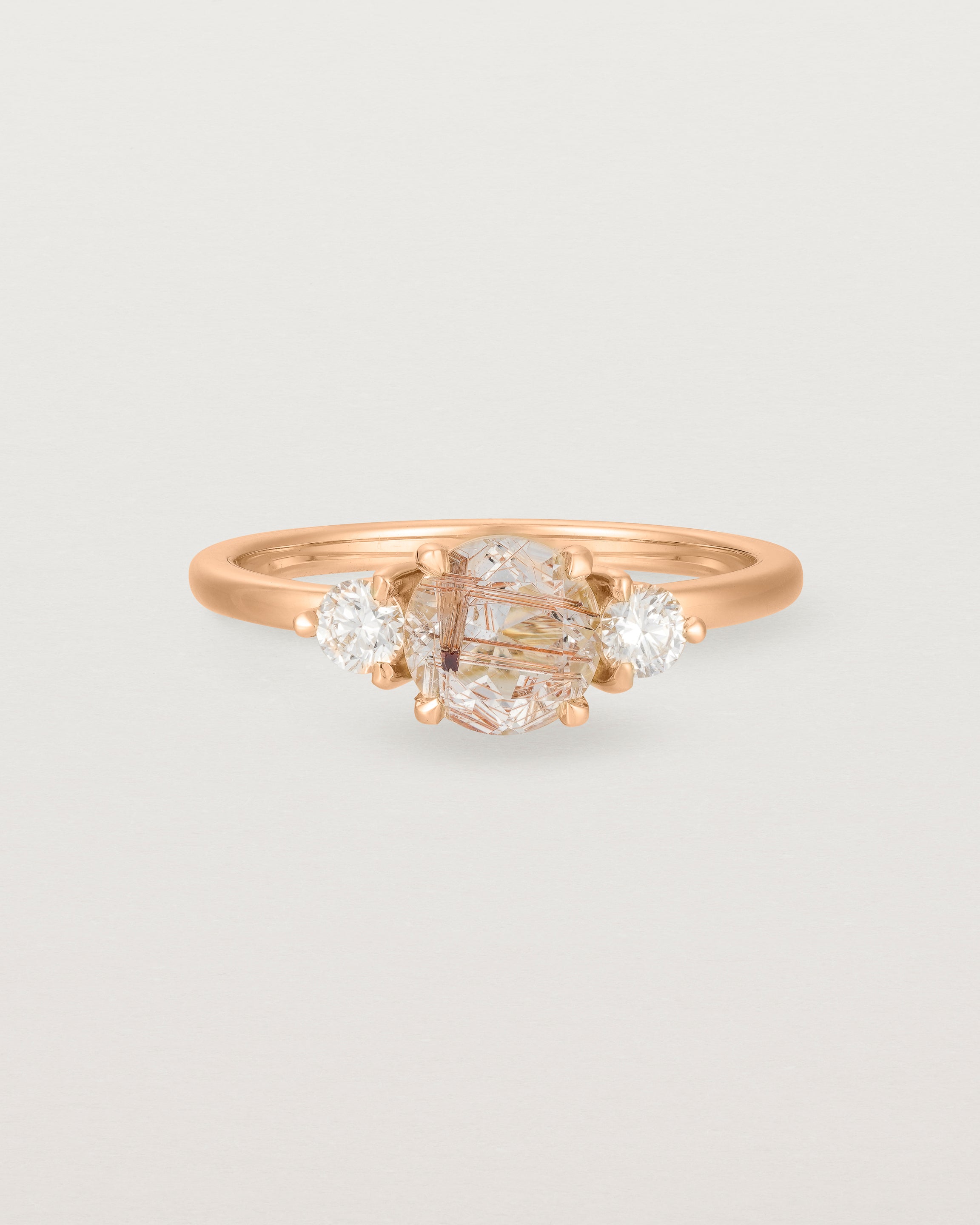 Front view of the Petite Una Round Trio Ring | Rutilated Quartz & Diamonds | Rose Gold.