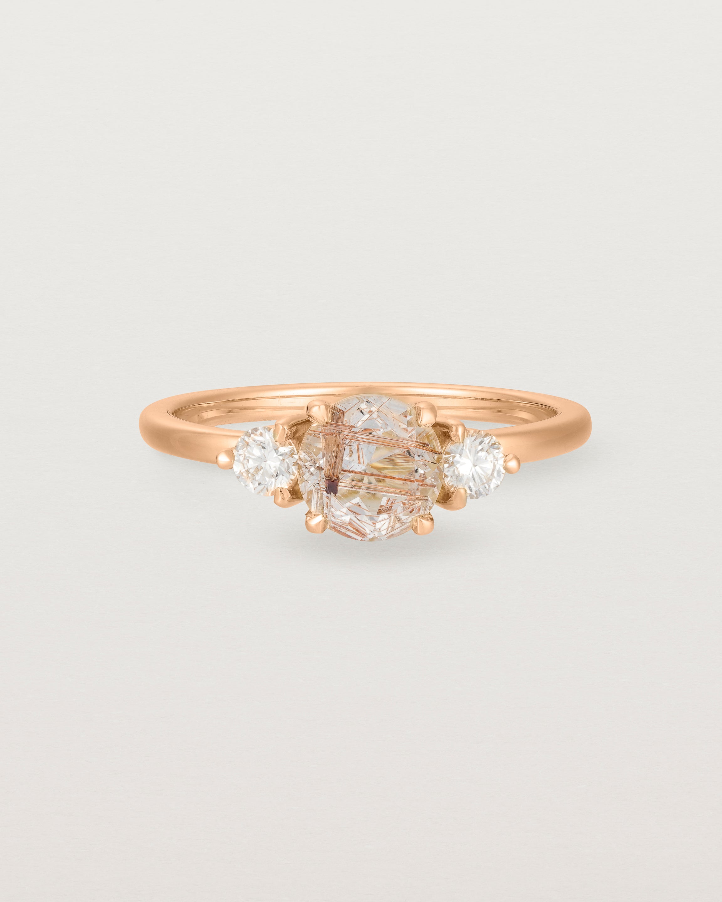 Front view of the Petite Una Round Trio Ring | Rutilated Quartz & Diamonds | Rose Gold.