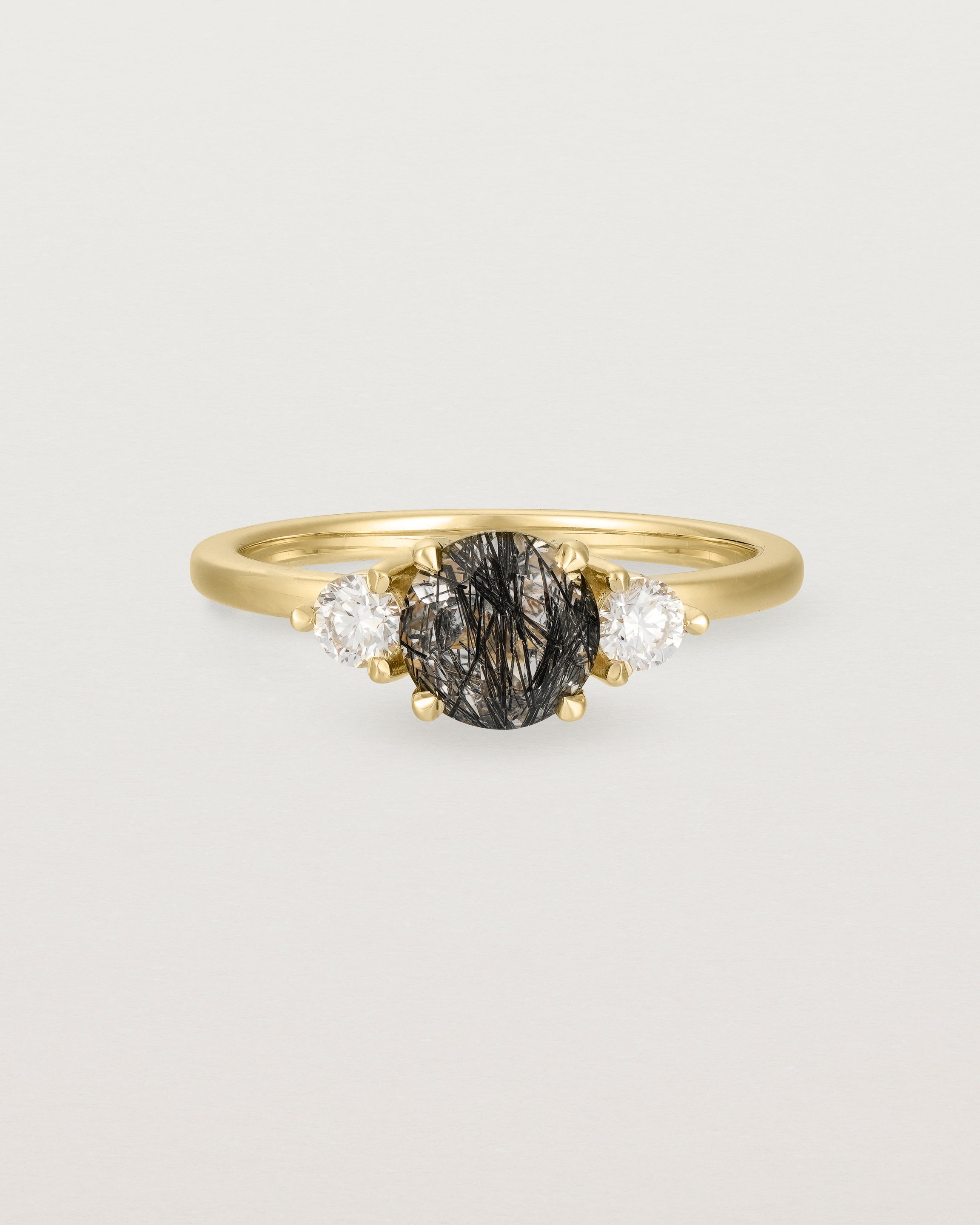 Front view of the Petite Una Round Trio Ring | Tourmalinated Quartz & Diamonds | Yellow Gold.