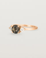 Angled view of the Petite Una Round Trio Ring | Tourmalinated Quartz & Diamonds | Rose Gold.