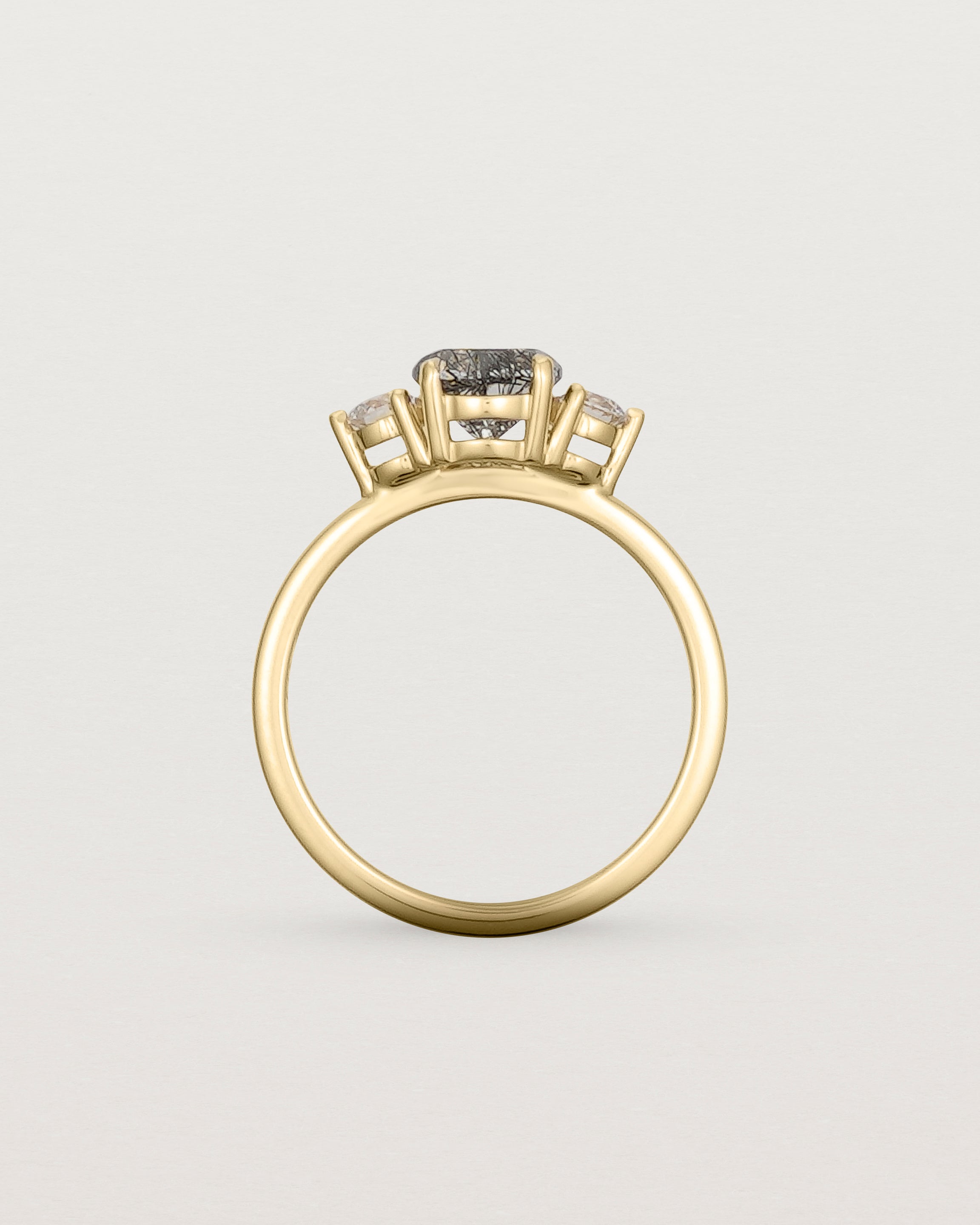 Standing view of the Petite Una Round Trio Ring | Tourmalinated Quartz & Diamonds | Yellow Gold.