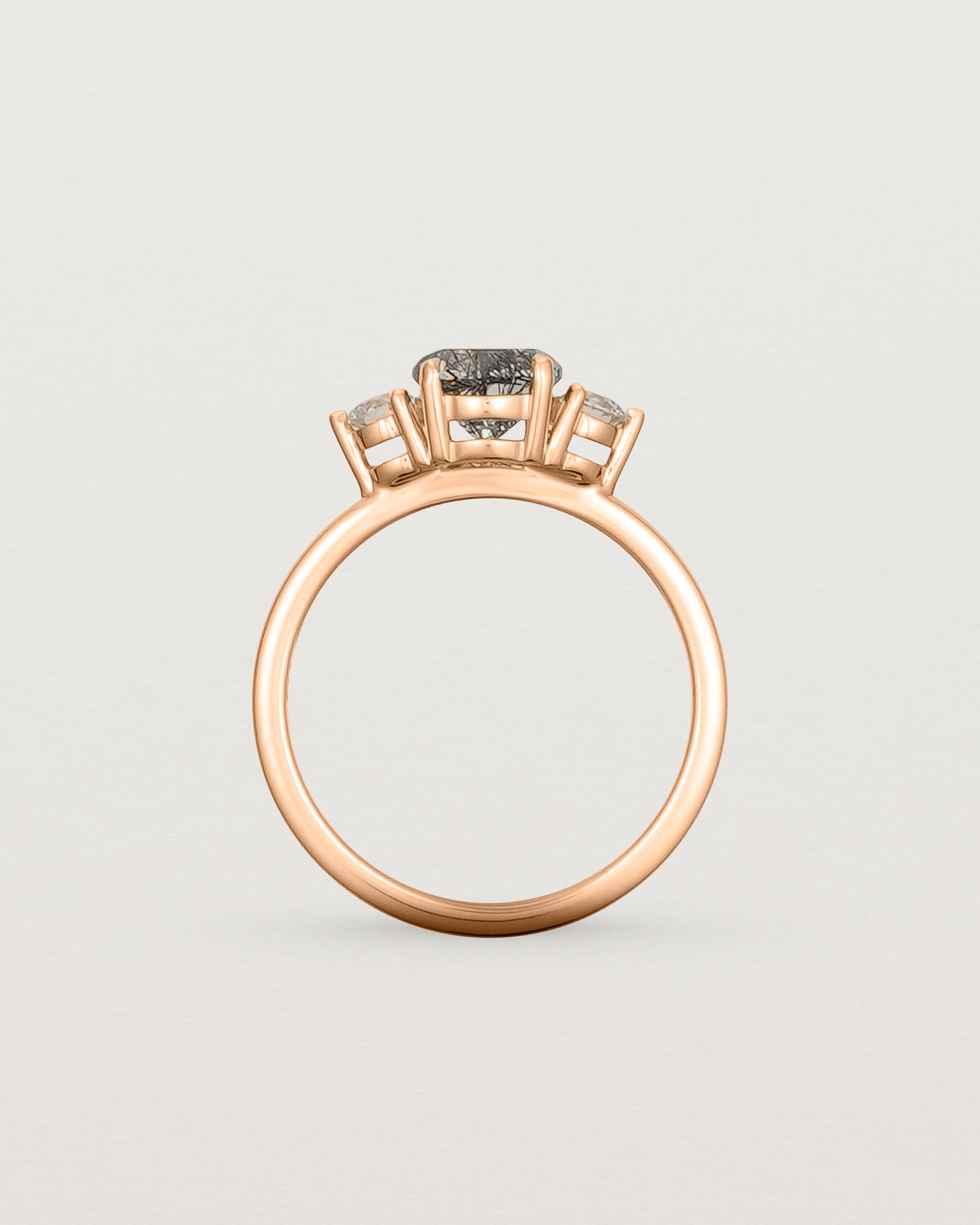 Standing view of the Petite Una Round Trio Ring | Tourmalinated Quartz & Diamonds | Rose Gold.