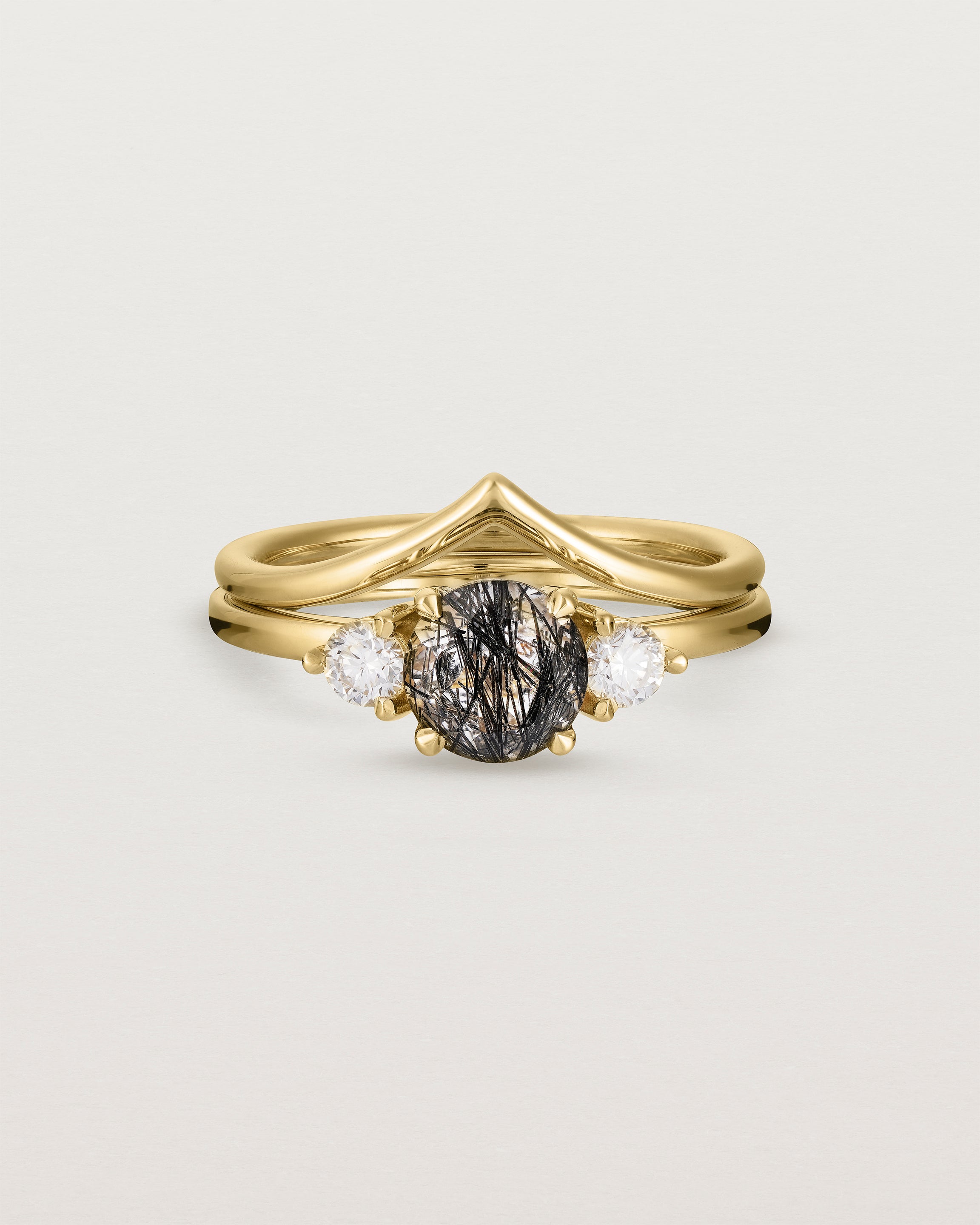 Front view of the Petite Una Round Trio Ring | Tourmalinated Quartz & Diamonds | Yellow Gold stacked with the Gentle Point Ring.