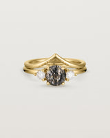 Front view of the Petite Una Round Trio Ring | Tourmalinated Quartz & Diamonds | Yellow Gold stacked with the Gentle Point Ring.