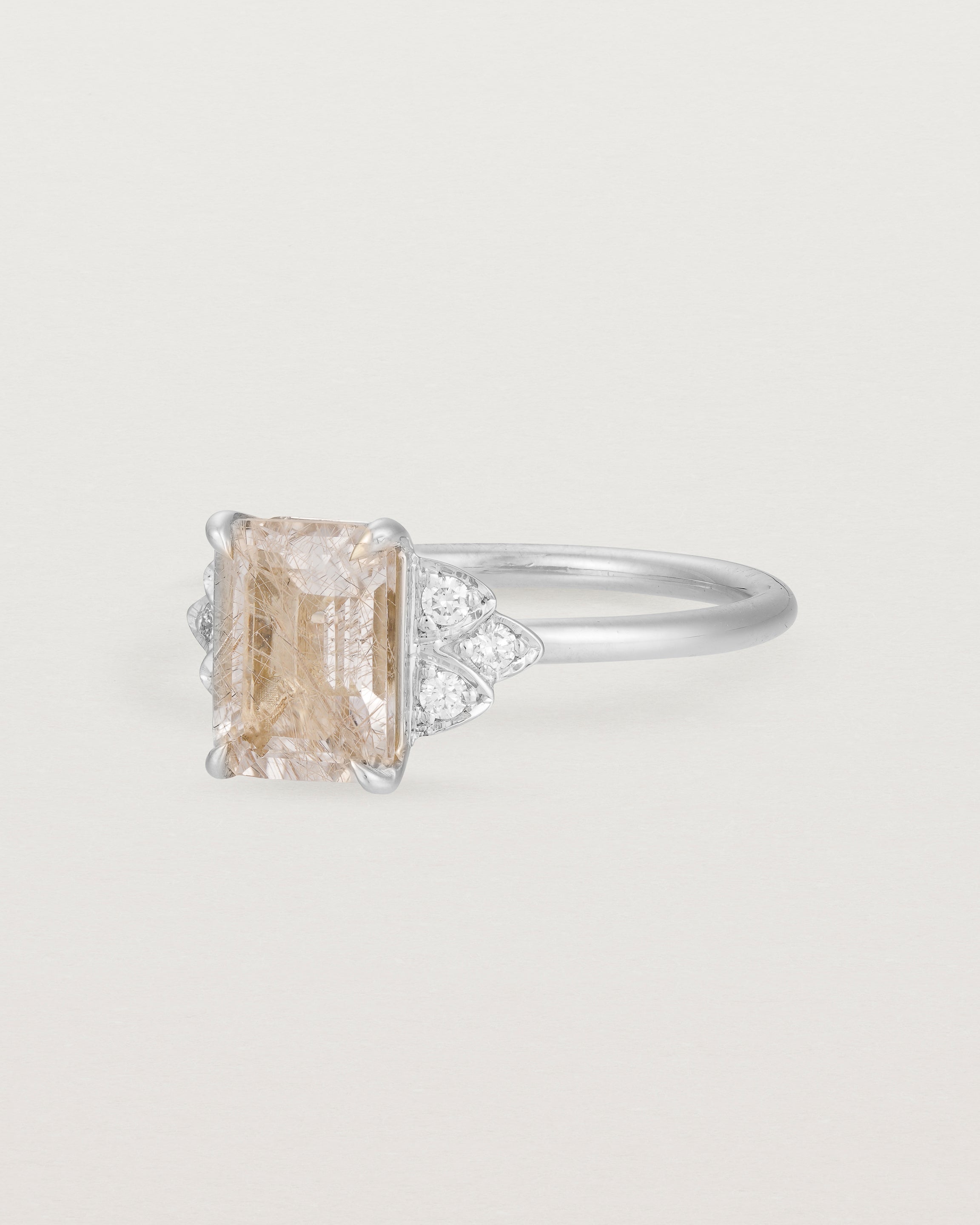 Side view of Posie Ring with rutilated quartz in white gold
