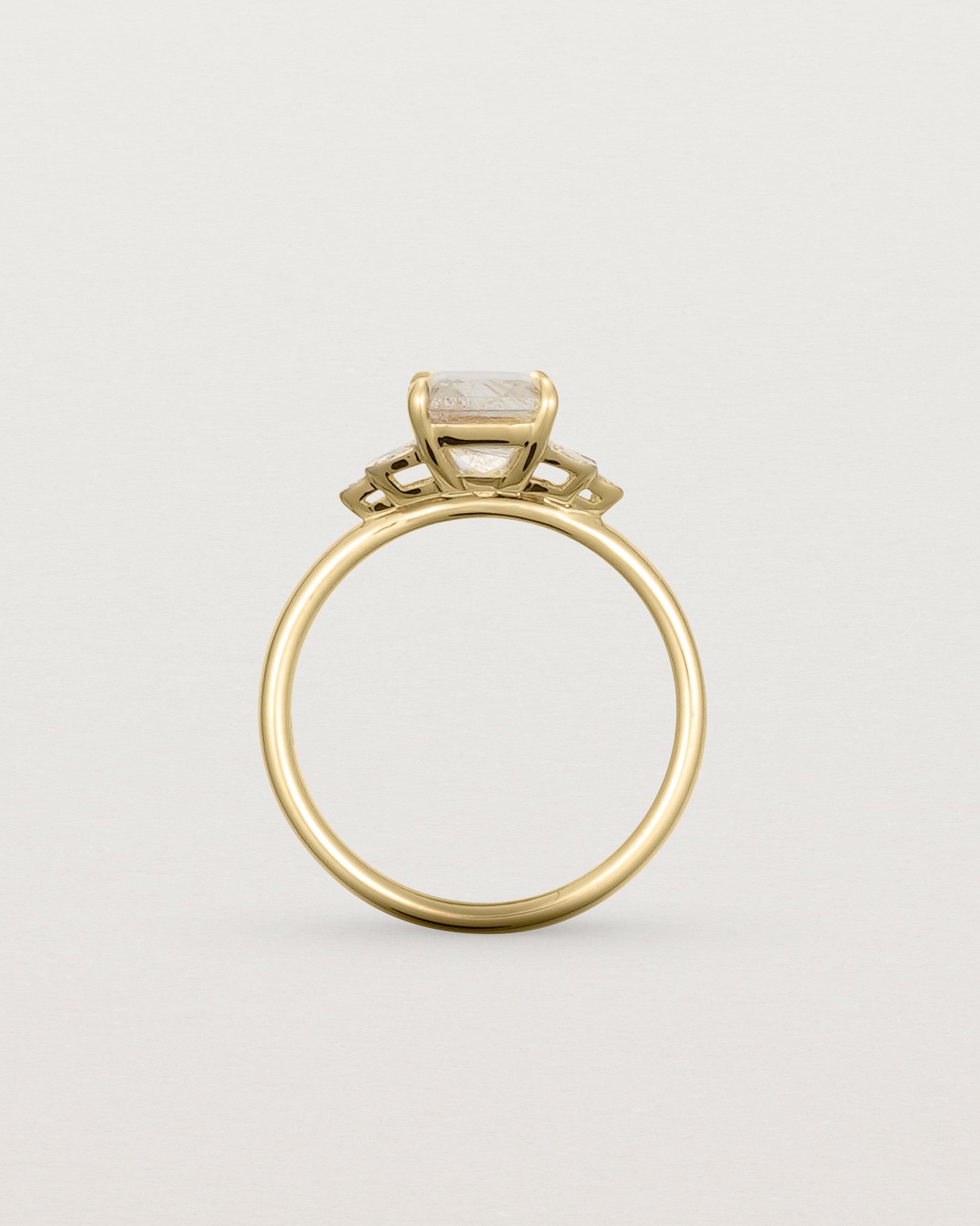Standing view of Posie Ring with rutilated quartz in yellow gold