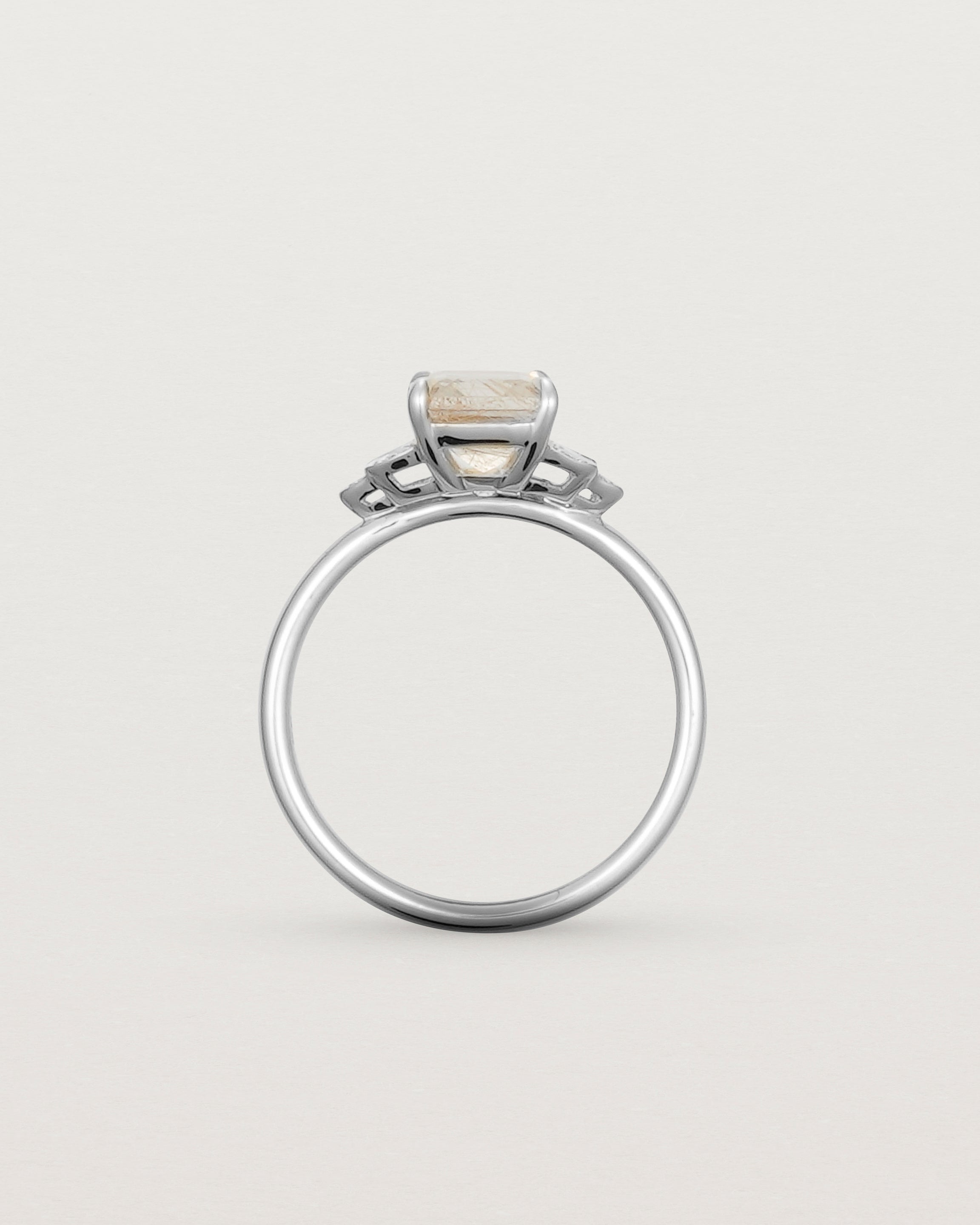 Standing view of Posie Ring with rutilated quartz in white gold