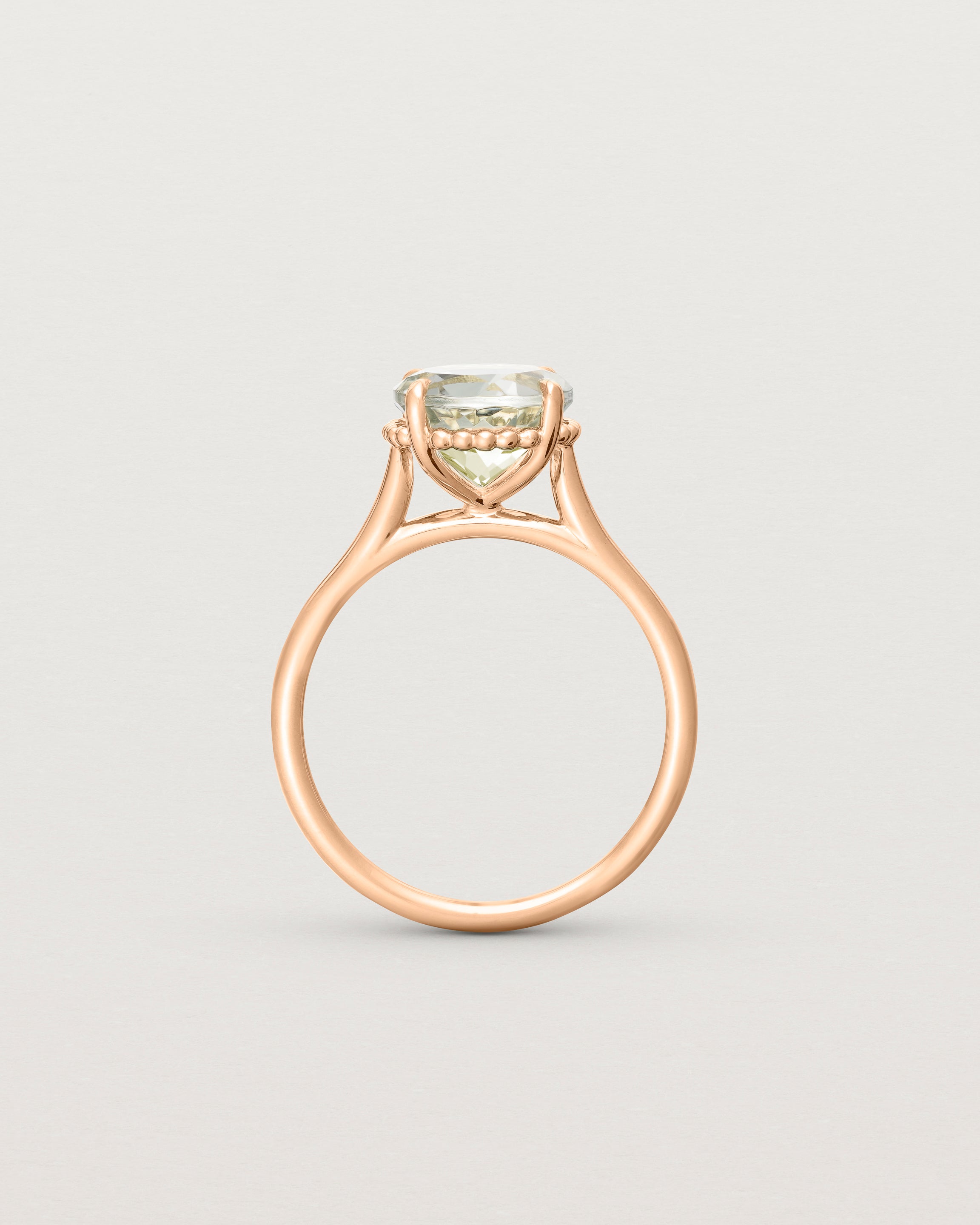 standing view of the Thea Round Solitaire | Green Amethyst in rose gold.