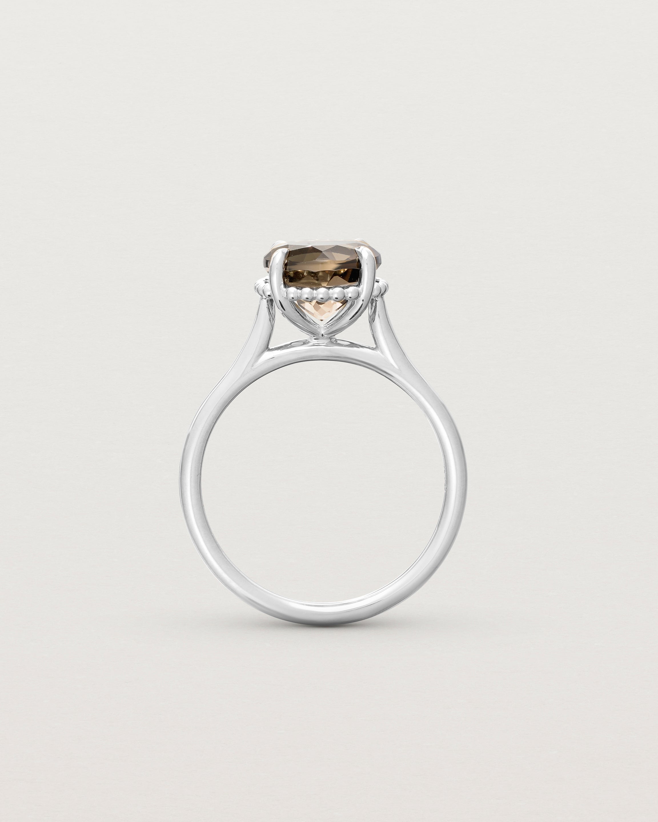 Standing view of the Thea Round Solitaire | Smokey Quartz in white gold.