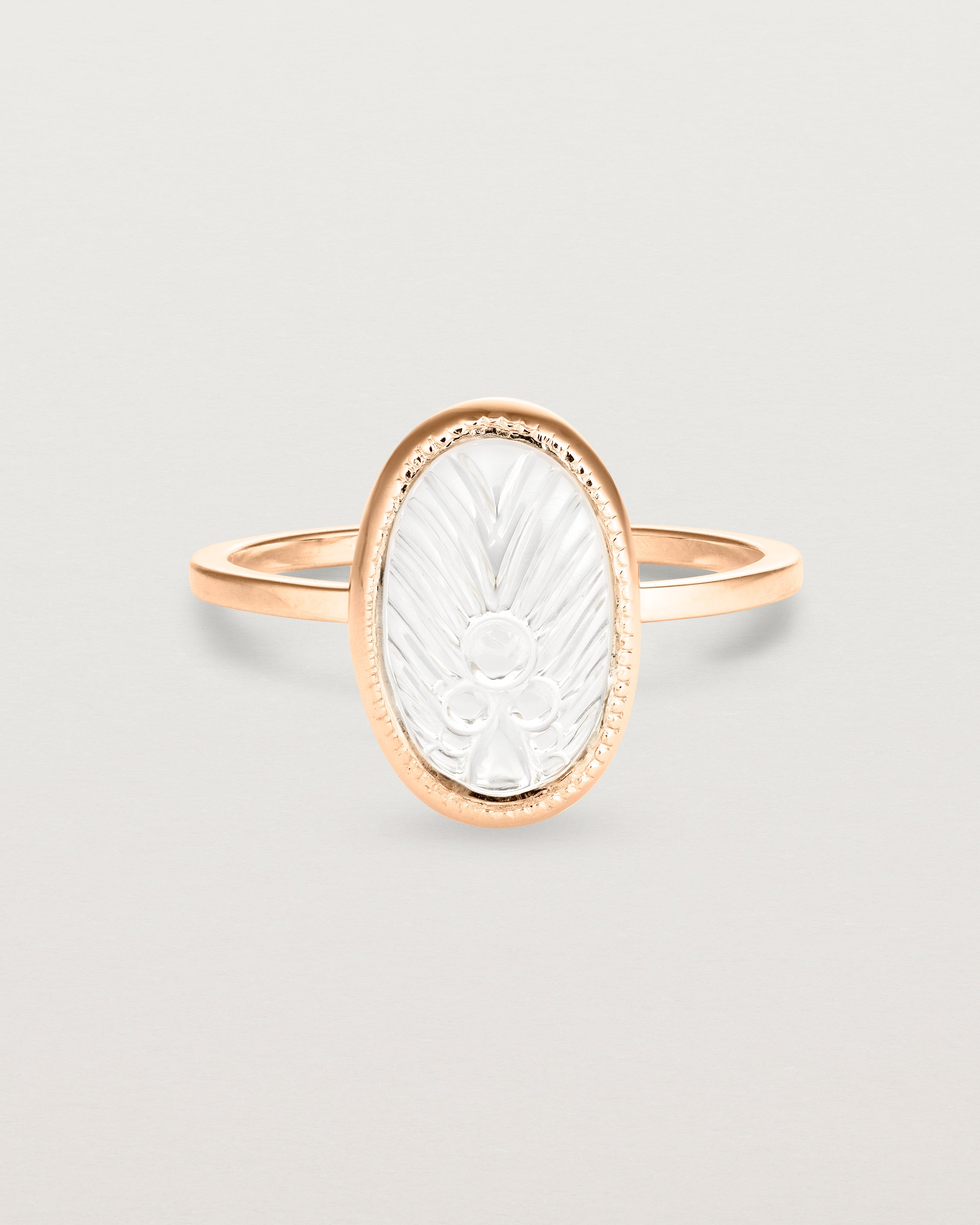 Front view of the Ruan Ring | Carved Quartz in rose gold.