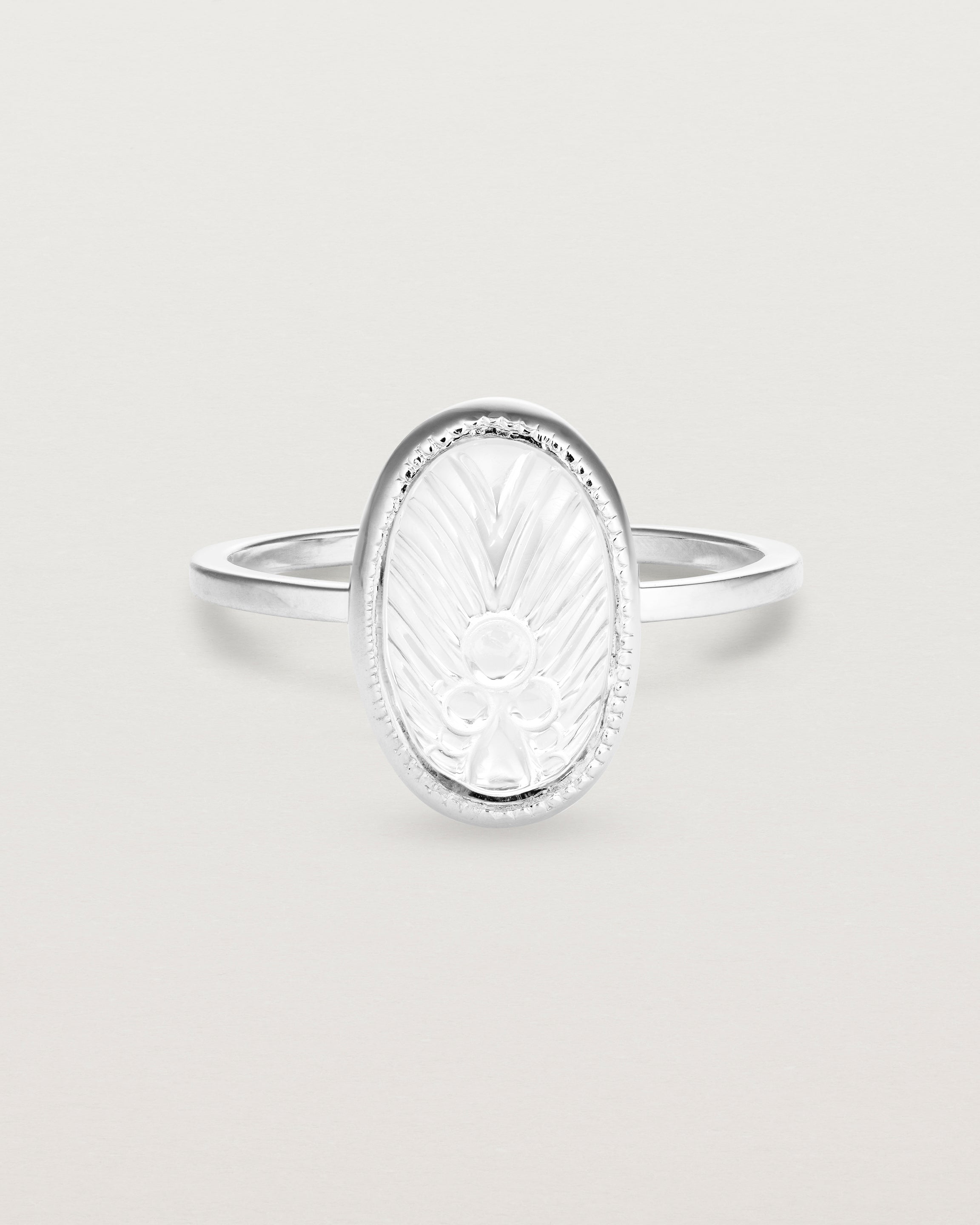 Front view of the Ruan Ring | Carved Quartz in sterling silver.