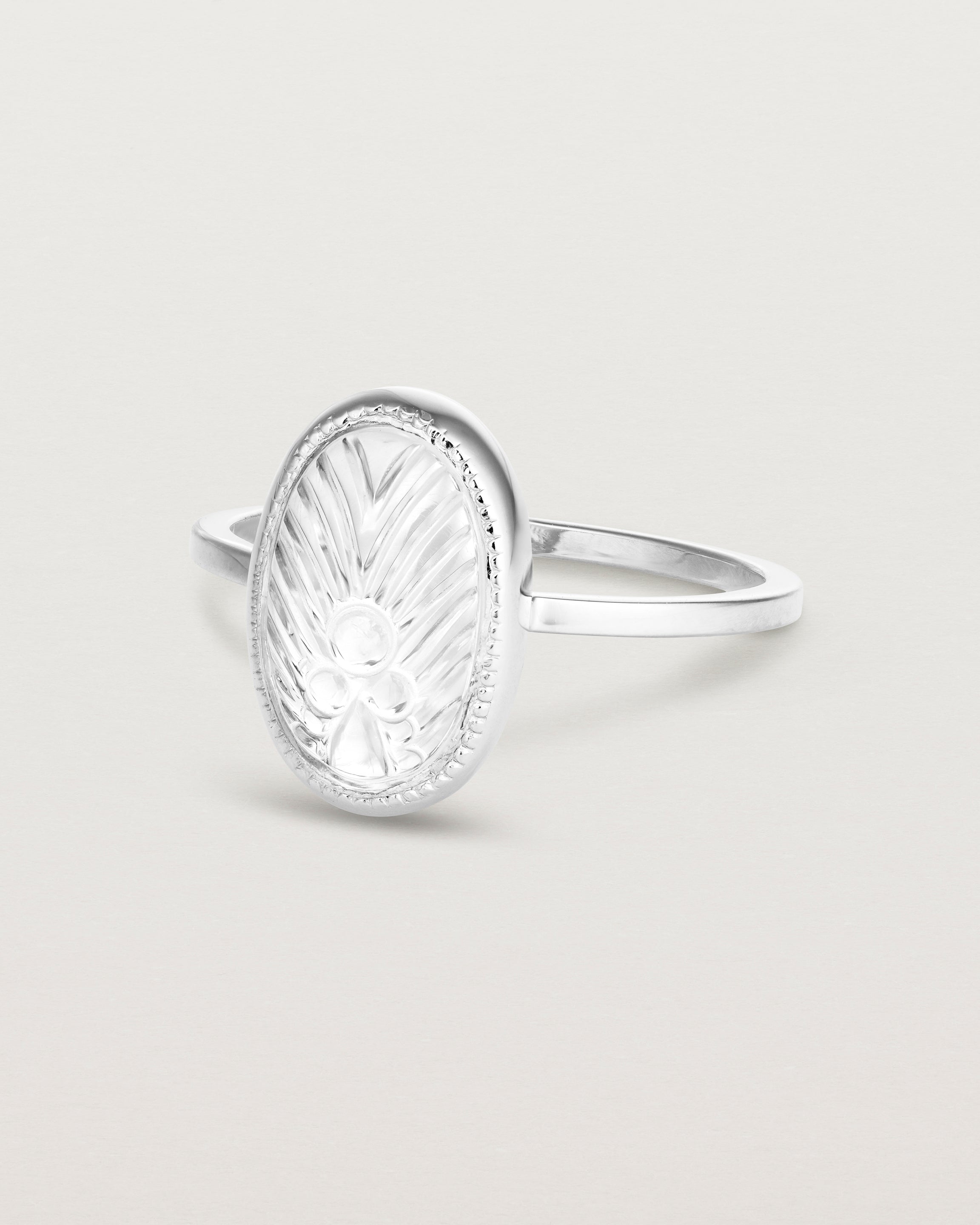 Angled view of the Ruan Ring | Carved Quartz in sterling silver.