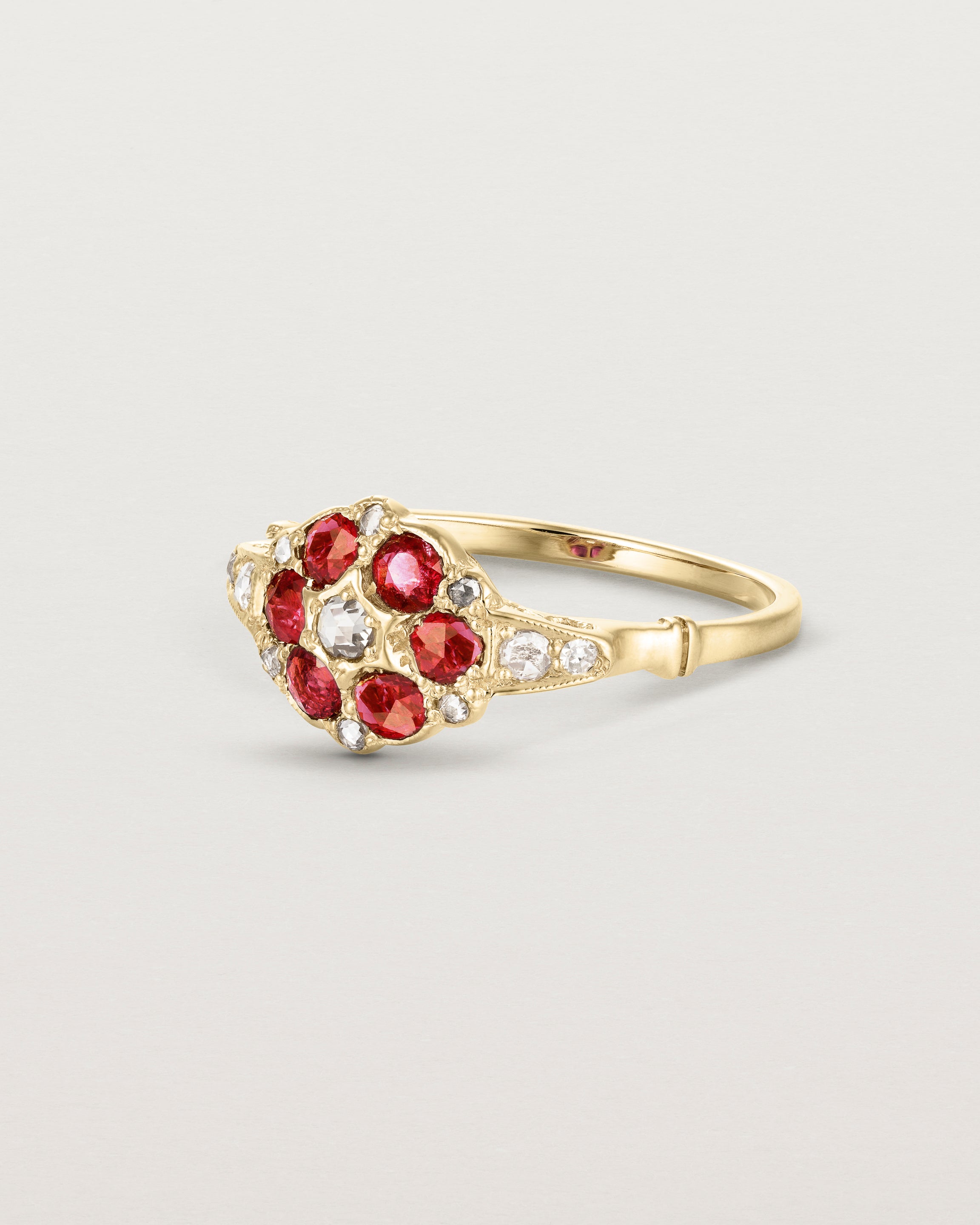 Angle view of the Polly Vintage Ring | Ruby & Diamonds.