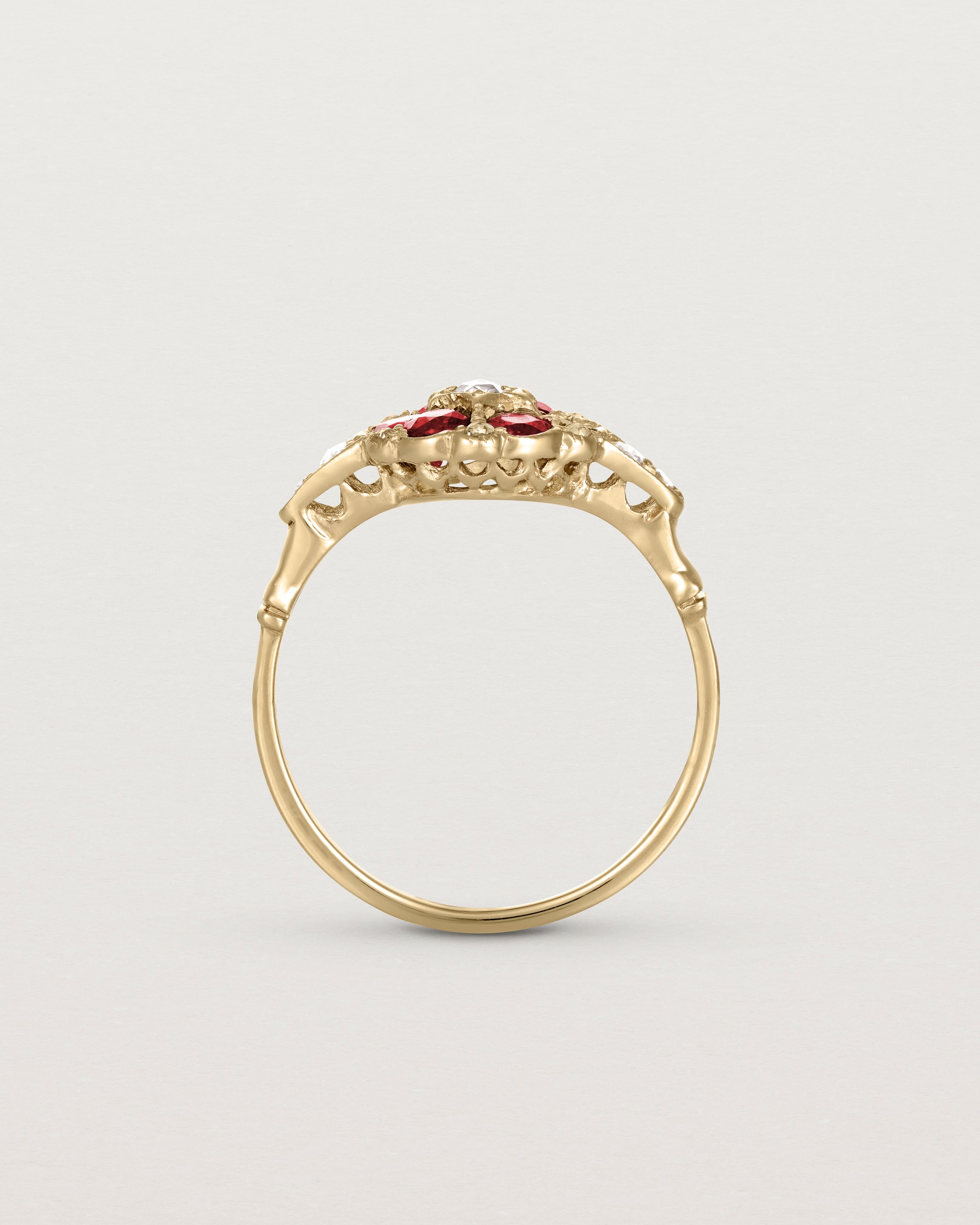 Standing view of the Polly Vintage Ring | Ruby & Diamonds.