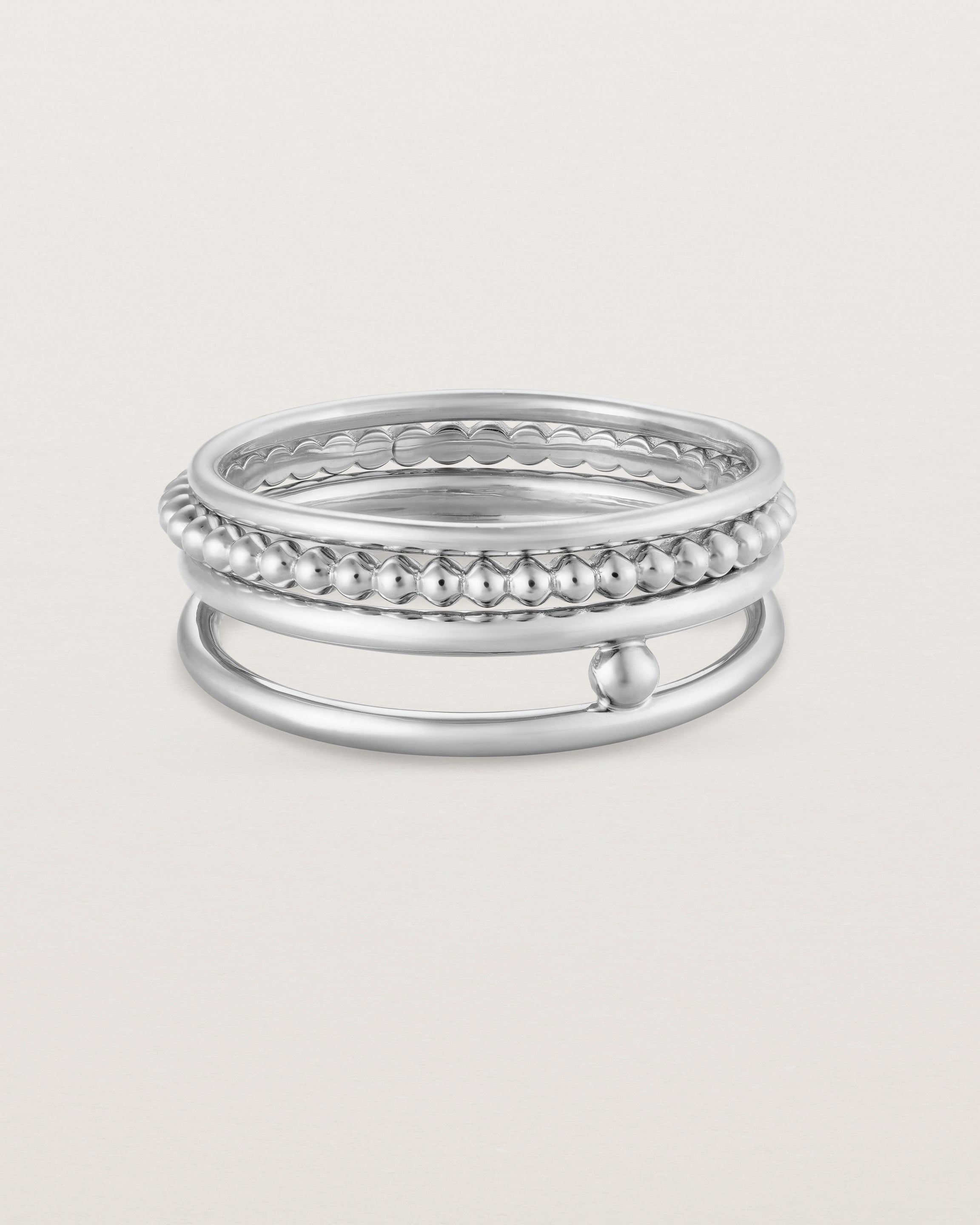 Front view of the Textured Curated Ring Set in sterling silver.