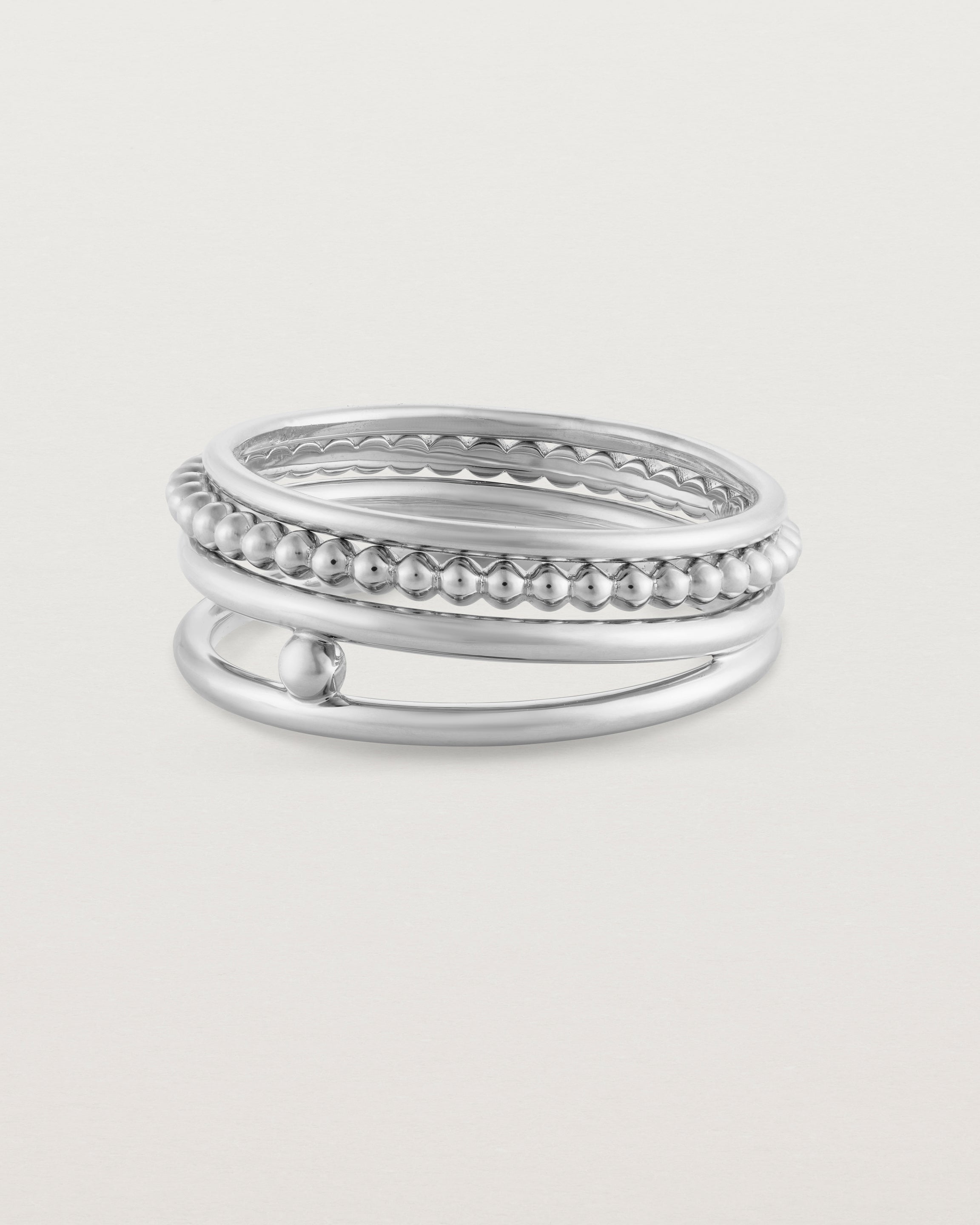 Angled view of the Textured Curated Ring Set in sterling silver.