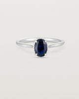 A front view of the Thea Oval Solitaire with a deep blue Australian Sapphire set in White Gold