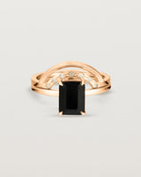 Front view of the Una Emerald Solitaire | Black Spinel | Rose Gold stacked with the Evette Crown Ring.
