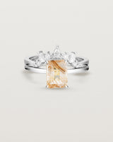 Front view of the Una Emerald Solitaire | Rutilated Quartz | White Gold stacked with the Odette Crown Ring | Diamonds.