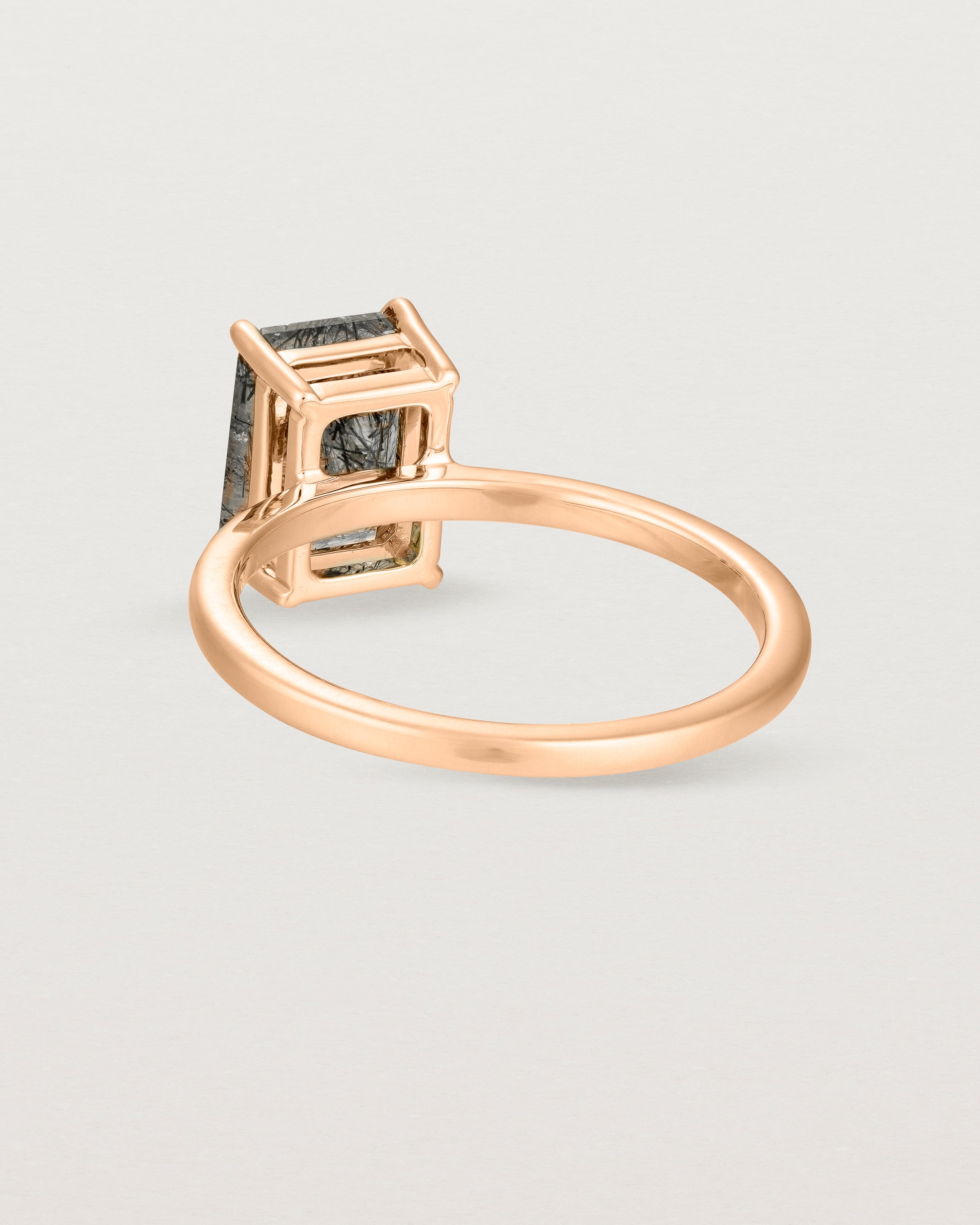 Back view of the Una Emerald Solitaire | Tourmalinated Quartz | Rose Gold.