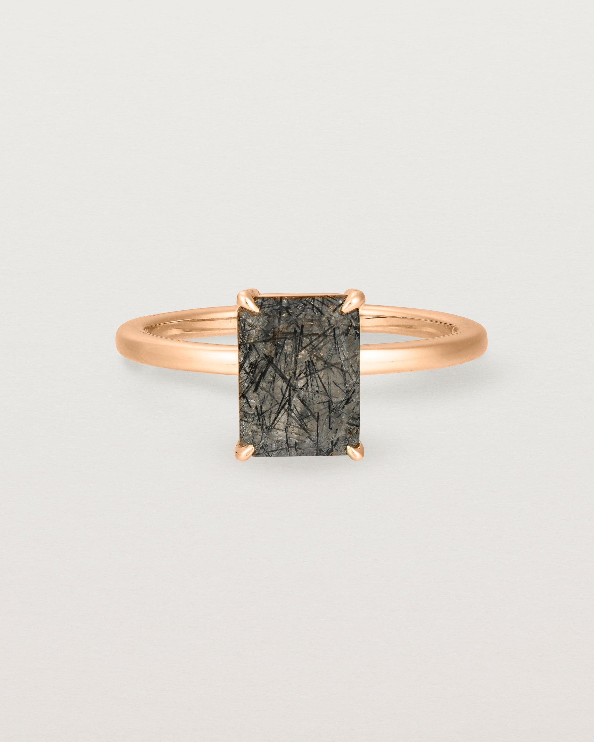 Front view of the Una Emerald Solitaire | Tourmalinated Quartz | Rose Gold.
