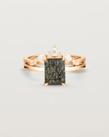 Front view of the Una Emerald Solitaire | Tourmalinated Quartz | Rose Gold stacked with the Meia Crown Ring | Diamonds. 