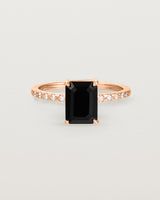 Front view of the Una Emerald Solitaire | Black Spinel | Rose Gold with Cascade Shoulders.