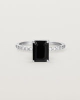 Front view of the Una Emerald Solitaire | Black Spinel | White Gold with Cascade Shoulders.