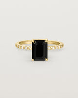 Front view of the Una Emerald Solitaire | Black Spinel | Yellow Gold with Cascade Shoulders.