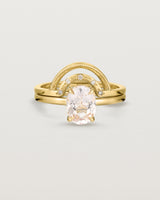 Front view of the Una Oval Solitaire | Morganite | Yellow Gold stacked with the Evette Crown Ring.