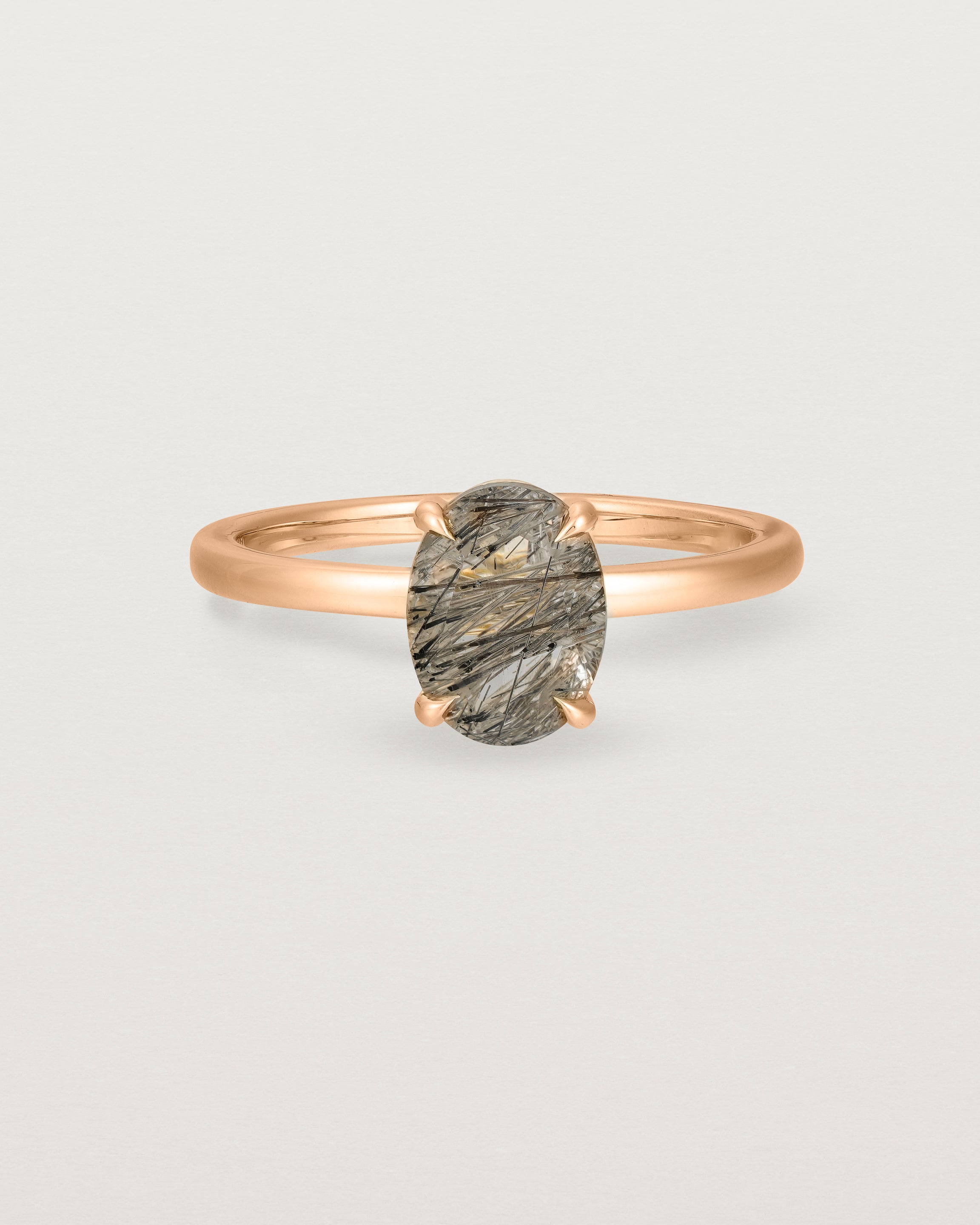 Front view of the Una Oval Solitaire | Tourmalinated Quartz | Rose Gold.