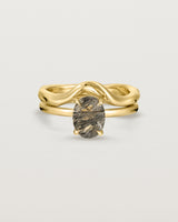 Front view of the Una Oval Solitaire | Tourmalinated Quartz | Yellow Gold stacked with the Organic Crown Ring. 