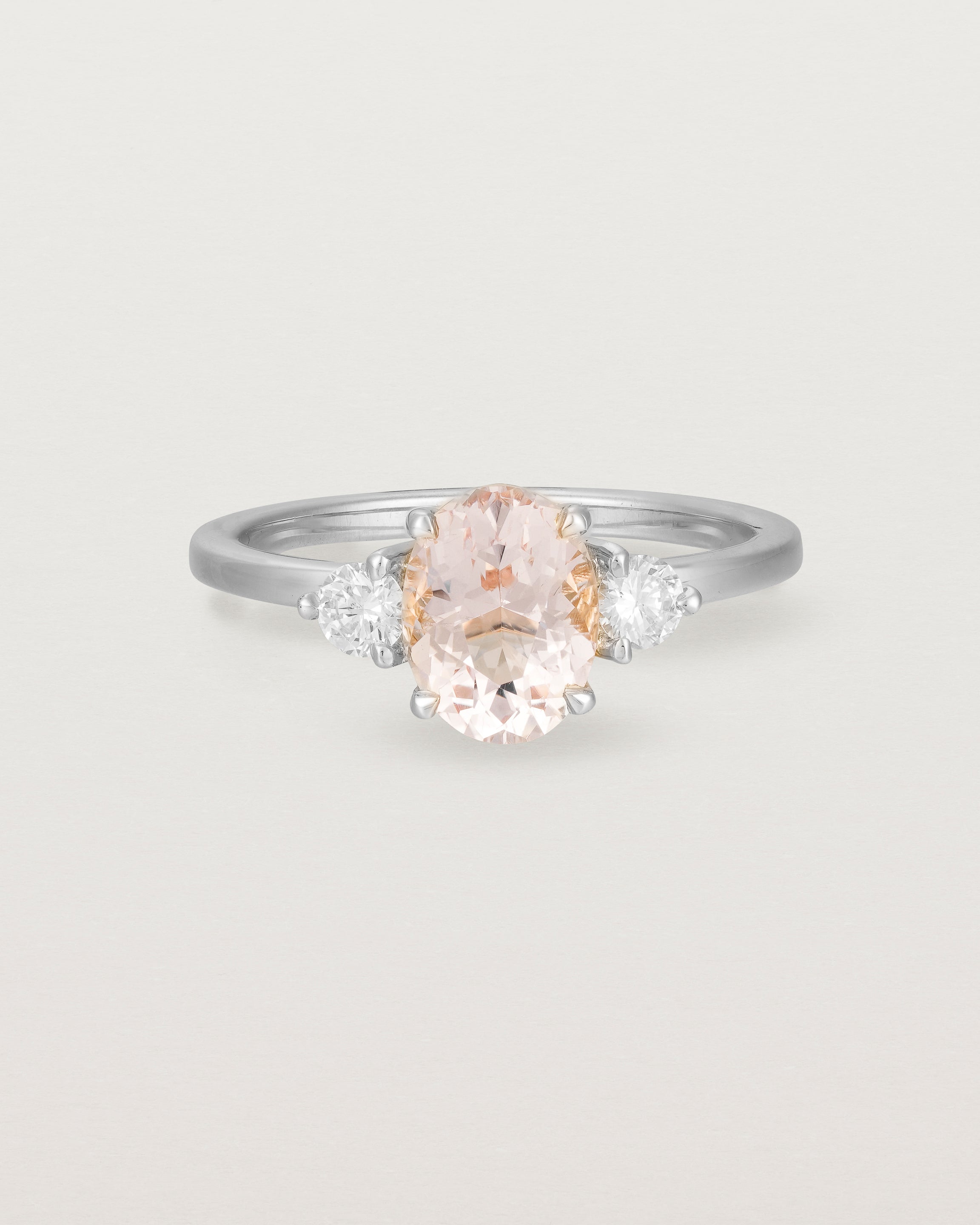 Front view of the Una Oval Trio Ring | Morganite & Diamonds | White Gold.