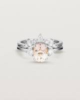 Front view of the Una Oval Trio Ring | Morganite & Diamonds | White Gold stacked with the Odette Crown Ring.