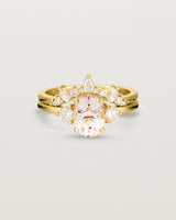  Front view of the Una Oval Trio Ring | Morganite & Diamonds | Yellow Gold stacked with the Odette Crown Ring.