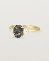 Angled view of the Una Oval Trio Ring | Tourmalinated Quartz & Diamonds | Yellow Gold.