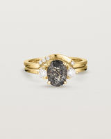 Front view of the Una Oval Trio Ring | Tourmalinated Quartz & Diamonds | Yellow Gold stacked with the Cecile Crown Ring | Diamonds.