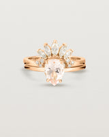 Front view of the Una Pear Solitaire | Morganite | Rose Gold stacked with the Camille Crown Ring | Diamonds.