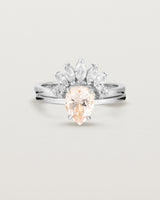 Front view of the Una Pear Solitaire | Morganite | White Gold stacked with the Camille Crown Ring | Diamonds.