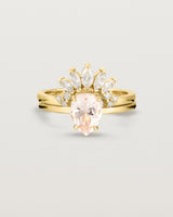 Front view of the Una Pear Solitaire | Morganite | Yellow Gold stacked with the Camille Crown Ring | Diamonds.