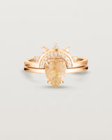 Front view of the Una Pear Solitaire | Rutilated Quartz | Rose Gold stacked with the Adeline Crown Ring | Diamonds. 